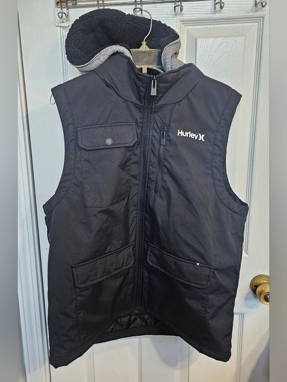 Hurley Mens Black Hoodie Vest Large Thermalwall Black Full Zip Quilted Pockets